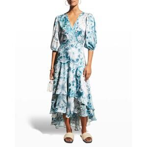 Alexis Rozella Dress Size Small Blue White Abstract Puff Sleeve Wrap Chic Sexy‎